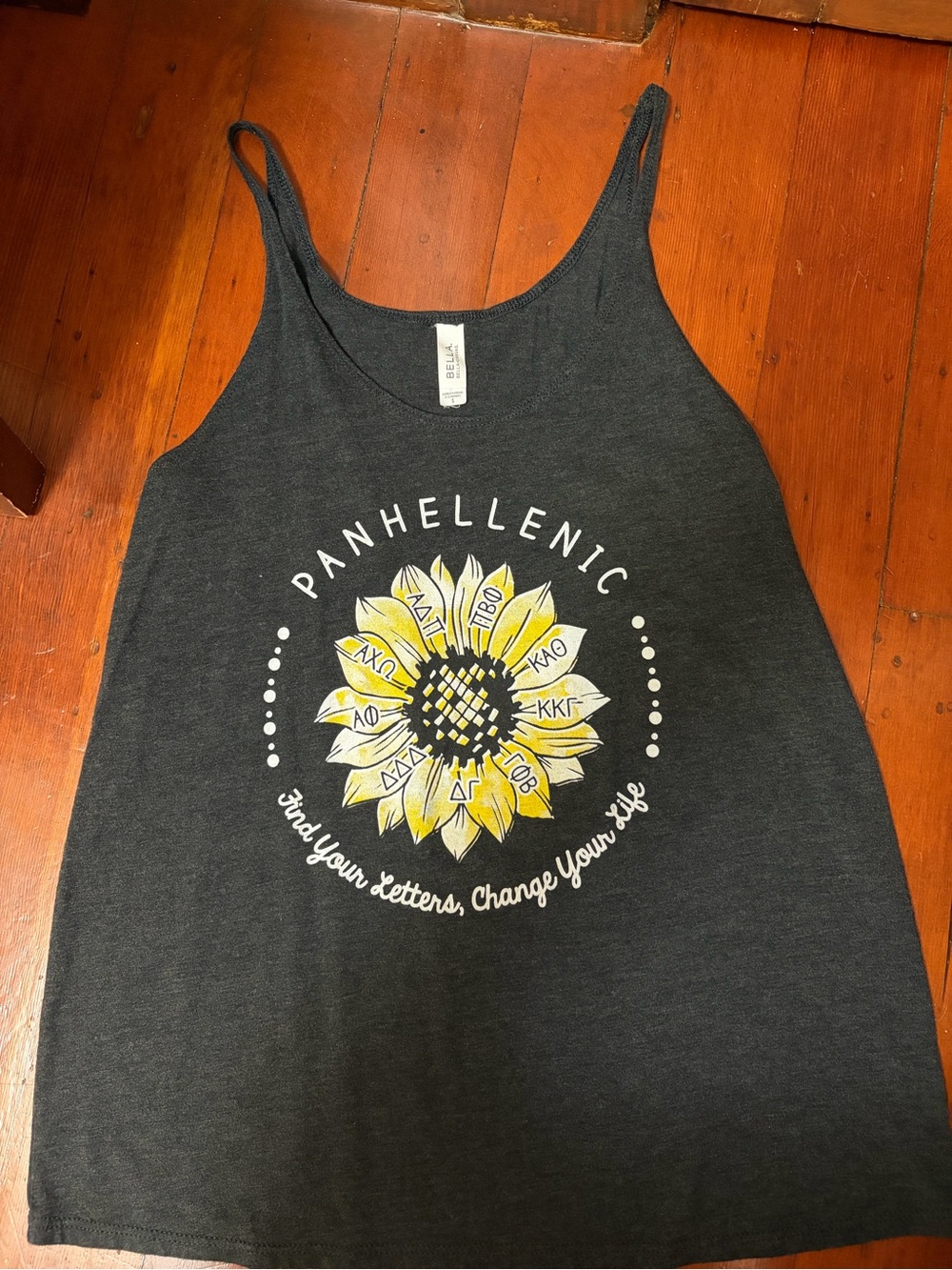 Panhellenic Charcoal Tank Top with Yellow Sunflower Graphic
